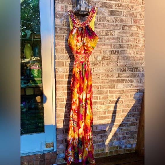 Watercolor Rainbow Rhinestone Halter Prom Dress - Picture 7 of 12